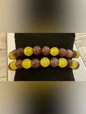 Purple & Yellow Sold Beaded Stretch Bracelet Set of 2